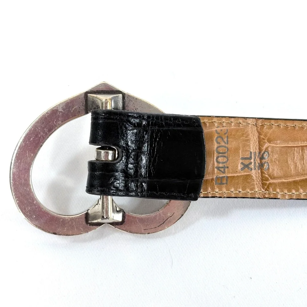Brighton Belt Black Croc Embossed Leather Heart Buckle Ornate Silver XL B40023